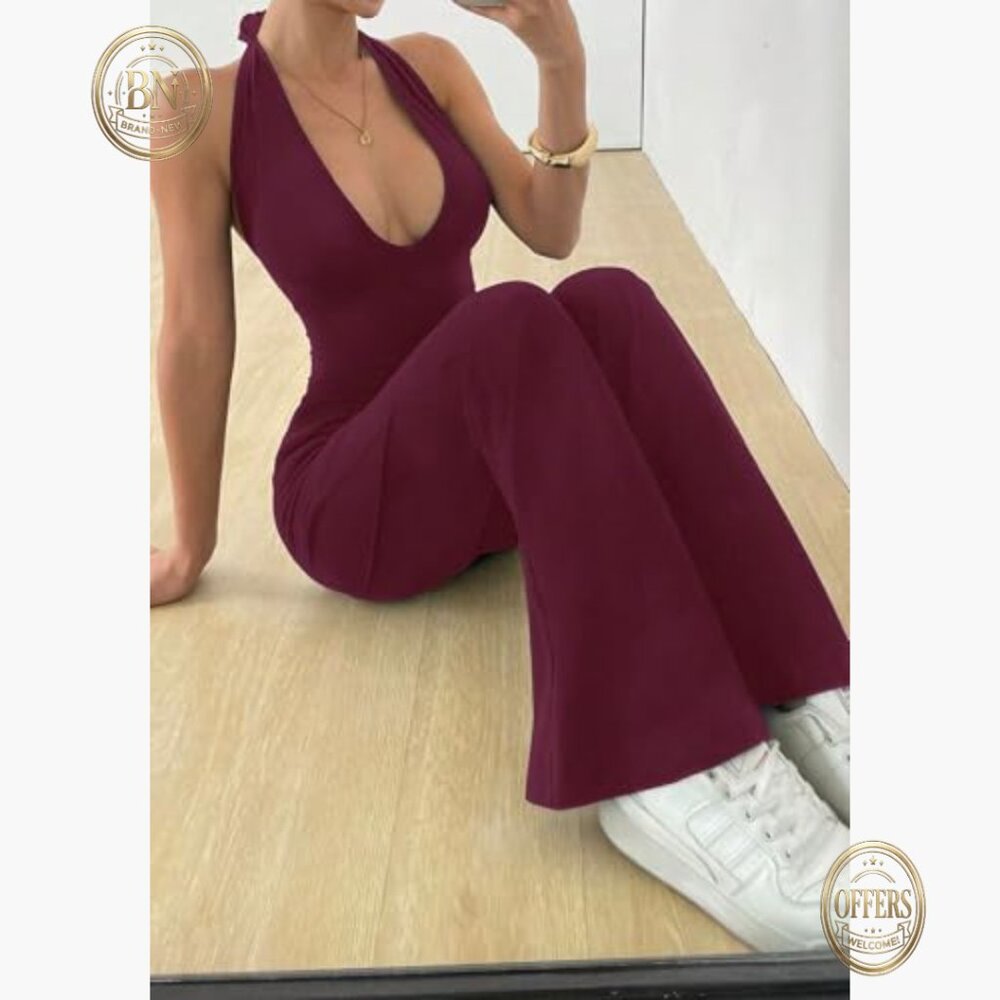 Polyester Elastane Halterneck Backless Flared Jum… - image 5